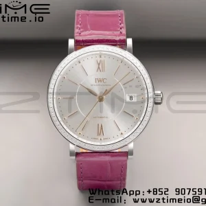 IWC Portofino Automatic 37mm IW458112 SS V7F 1:1 Best Edition White Dial Diamonds Bezel on Pink Leather Strap A2892 - Super Clone Watch | 1:1 Best Version