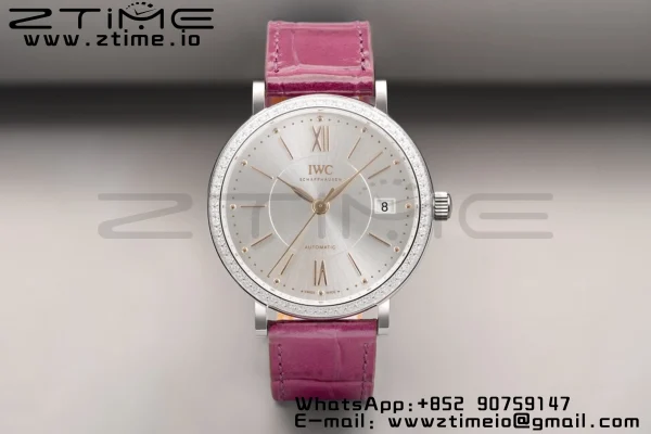 IWC Portofino Automatic 37mm IW458112 SS V7F 1:1 Best Edition White Dial Diamonds Bezel on Pink Leather Strap A2892 - Super Clone Watch | 1:1 Best Version