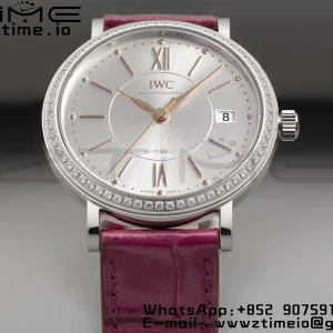 IWC Portofino Automatic 37mm IW458112 SS V7F 1:1 Best Edition White Dial Diamonds Bezel on Pink Leather Strap A2892 - Super Clone Watch | 1:1 Best Version