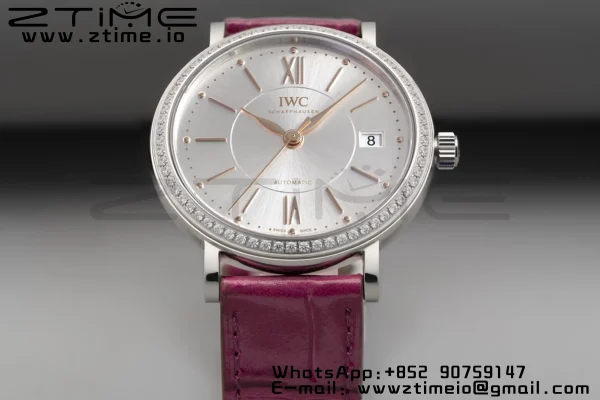 IWC Portofino Automatic 37mm IW458112 SS V7F 1:1 Best Edition White Dial Diamonds Bezel on Pink Leather Strap A2892 - Super Clone Watch | 1:1 Best Version