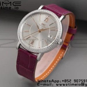 IWC Portofino Automatic 37mm IW458112 SS V7F 1:1 Best Edition White Dial Diamonds Bezel on Pink Leather Strap A2892 - Super Clone Watch | 1:1 Best Version