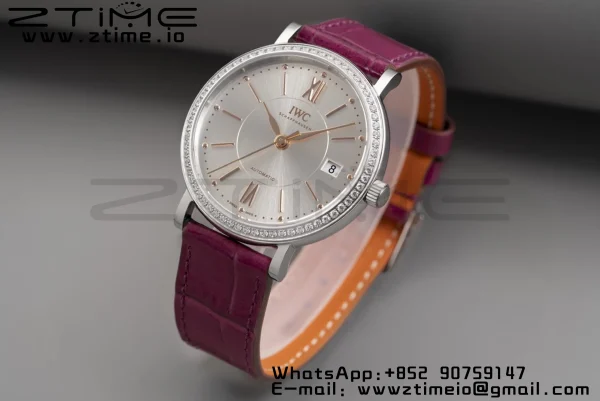 IWC Portofino Automatic 37mm IW458112 SS V7F 1:1 Best Edition White Dial Diamonds Bezel on Pink Leather Strap A2892 - Super Clone Watch | 1:1 Best Version