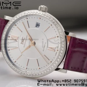 IWC Portofino Automatic 37mm IW458112 SS V7F 1:1 Best Edition White Dial Diamonds Bezel on Pink Leather Strap A2892 - Super Clone Watch | 1:1 Best Version