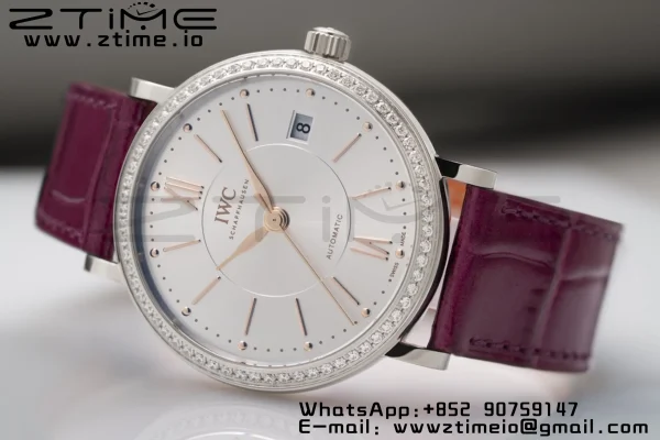 IWC Portofino Automatic 37mm IW458112 SS V7F 1:1 Best Edition White Dial Diamonds Bezel on Pink Leather Strap A2892 - Super Clone Watch | 1:1 Best Version