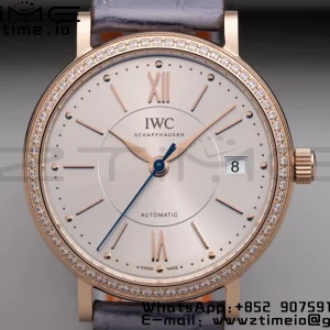 IWC Portofino Automatic 37mm IW458107 RG  V7F 1:1 Best Edition Silver Dial Diamonds Bezel on Gray Leather Strap A2892 - Super Clone Watch | 1:1 Best Version