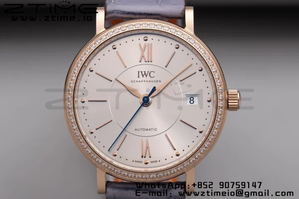 IWC Portofino Automatic 37mm IW458107 RG  V7F 1:1 Best Edition Silver Dial Diamonds Bezel on Gray Leather Strap A2892 - Super Clone Watch | 1:1 Best Version