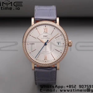 IWC Portofino Automatic 37mm IW458107 RG  V7F 1:1 Best Edition Silver Dial Diamonds Bezel on Gray Leather Strap A2892 - Super Clone Watch | 1:1 Best Version