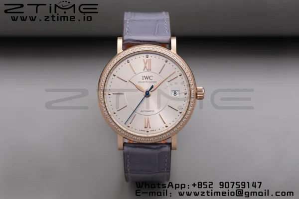 IWC Portofino Automatic 37mm IW458107 RG  V7F 1:1 Best Edition Silver Dial Diamonds Bezel on Gray Leather Strap A2892 - Super Clone Watch | 1:1 Best Version