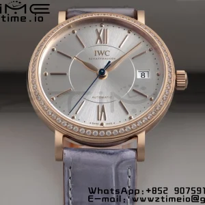 IWC Portofino Automatic 37mm IW458107 RG  V7F 1:1 Best Edition Silver Dial Diamonds Bezel on Gray Leather Strap A2892 - Super Clone Watch | 1:1 Best Version