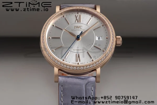 IWC Portofino Automatic 37mm IW458107 RG  V7F 1:1 Best Edition Silver Dial Diamonds Bezel on Gray Leather Strap A2892 - Super Clone Watch | 1:1 Best Version