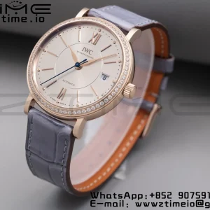 IWC Portofino Automatic 37mm IW458107 RG  V7F 1:1 Best Edition Silver Dial Diamonds Bezel on Gray Leather Strap A2892 - Super Clone Watch | 1:1 Best Version