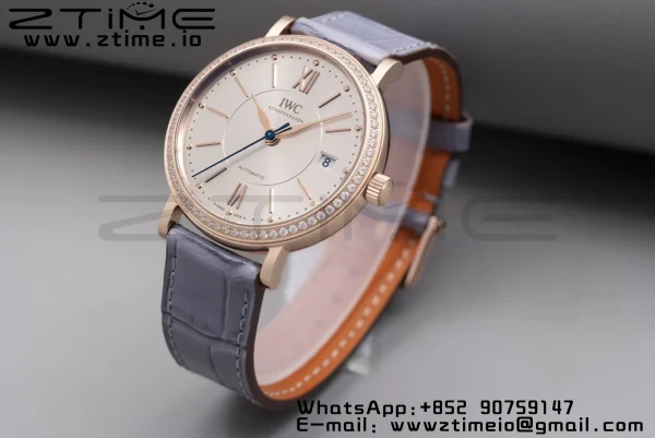 IWC Portofino Automatic 37mm IW458107 RG  V7F 1:1 Best Edition Silver Dial Diamonds Bezel on Gray Leather Strap A2892 - Super Clone Watch | 1:1 Best Version