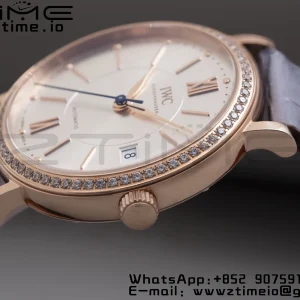 IWC Portofino Automatic 37mm IW458107 RG  V7F 1:1 Best Edition Silver Dial Diamonds Bezel on Gray Leather Strap A2892 - Super Clone Watch | 1:1 Best Version