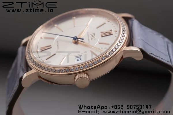 IWC Portofino Automatic 37mm IW458107 RG  V7F 1:1 Best Edition Silver Dial Diamonds Bezel on Gray Leather Strap A2892 - Super Clone Watch | 1:1 Best Version