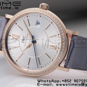 IWC Portofino Automatic 37mm IW458107 RG  V7F 1:1 Best Edition Silver Dial Diamonds Bezel on Gray Leather Strap A2892 - Super Clone Watch | 1:1 Best Version