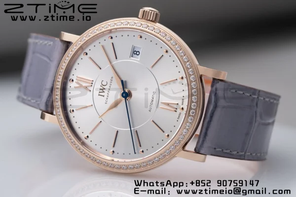 IWC Portofino Automatic 37mm IW458107 RG  V7F 1:1 Best Edition Silver Dial Diamonds Bezel on Gray Leather Strap A2892 - Super Clone Watch | 1:1 Best Version