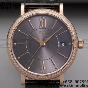 IWC Portofino Automatic 37mm IW458108 RG V7F 1:1 Best Edition Gray Dial Diamonds Bezel on Black Leather Strap A2892 - Super Clone Watch | 1:1 Best Version