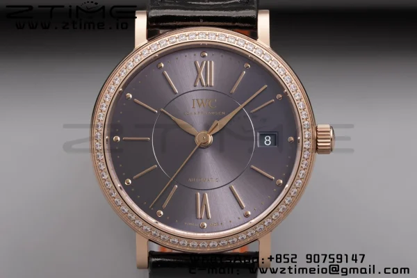 IWC Portofino Automatic 37mm IW458108 RG V7F 1:1 Best Edition Gray Dial Diamonds Bezel on Black Leather Strap A2892 - Super Clone Watch | 1:1 Best Version