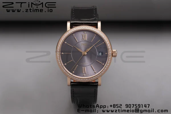 IWC Portofino Automatic 37mm IW458108 RG V7F 1:1 Best Edition Gray Dial Diamonds Bezel on Black Leather Strap A2892 - Super Clone Watch | 1:1 Best Version