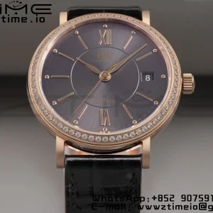 IWC Portofino Automatic 37mm IW458108 RG V7F 1:1 Best Edition Gray Dial Diamonds Bezel on Black Leather Strap A2892 - Super Clone Watch | 1:1 Best Version