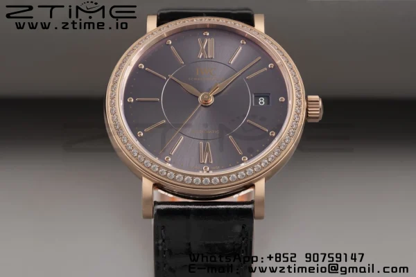 IWC Portofino Automatic 37mm IW458108 RG V7F 1:1 Best Edition Gray Dial Diamonds Bezel on Black Leather Strap A2892 - Super Clone Watch | 1:1 Best Version