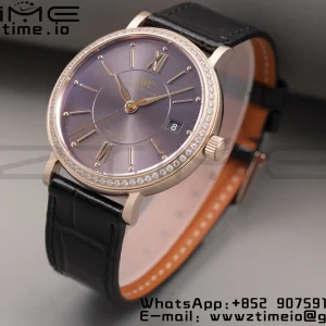 IWC Portofino Automatic 37mm IW458108 RG V7F 1:1 Best Edition Gray Dial Diamonds Bezel on Black Leather Strap A2892 - Super Clone Watch | 1:1 Best Version