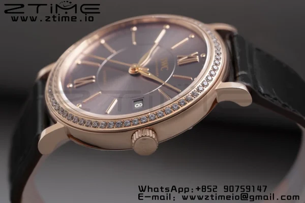 IWC Portofino Automatic 37mm IW458108 RG V7F 1:1 Best Edition Gray Dial Diamonds Bezel on Black Leather Strap A2892 - Super Clone Watch | 1:1 Best Version
