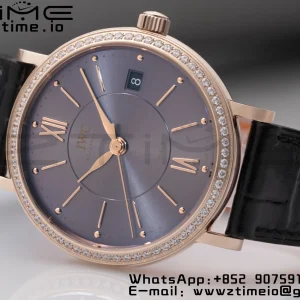 IWC Portofino Automatic 37mm IW458108 RG V7F 1:1 Best Edition Gray Dial Diamonds Bezel on Black Leather Strap A2892 - Super Clone Watch | 1:1 Best Version