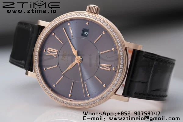 IWC Portofino Automatic 37mm IW458108 RG V7F 1:1 Best Edition Gray Dial Diamonds Bezel on Black Leather Strap A2892 - Super Clone Watch | 1:1 Best Version