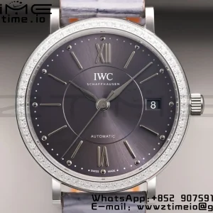 IWC Portofino Automatic 37mm IW458104 SS V7F 1:1 Best Edition Γκρι Dial Διαμάντια Bezel σε γκρι δερμάτινο λουράκι A2892 - Super Clone Watch | 1:1 Best Version