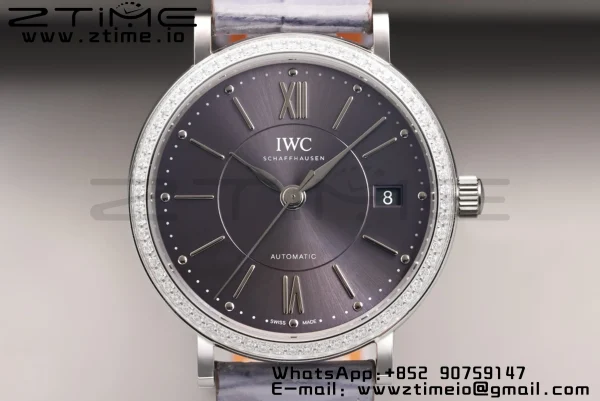 IWC Portofino Automatic 37mm IW458104 SS V7F 1:1 Best Edition Γκρι Dial Διαμάντια Bezel σε γκρι δερμάτινο λουράκι A2892 - Super Clone Watch | 1:1 Best Version
