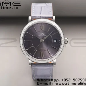 IWC Portofino Automatic 37mm IW458104 SS V7F 1:1 Best Edition Gray Dial Diamonds Bezel on Gray Leather Strap A2892 - Super Clone Watch | 1:1 Best Version