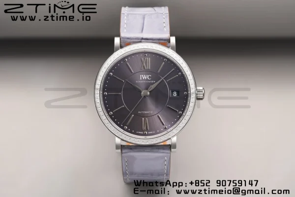 IWC Portofino Automatic 37mm IW458104 SS V7F 1:1 Best Edition Γκρι Dial Διαμάντια Bezel σε γκρι δερμάτινο λουράκι A2892 - Super Clone Watch | 1:1 Best Version