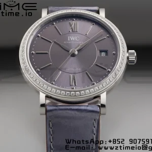 IWC Portofino Automatic 37mm IW458104 SS V7F 1:1 Best Edition Γκρι Dial Διαμάντια Bezel σε γκρι δερμάτινο λουράκι A2892 - Super Clone Watch | 1:1 Best Version