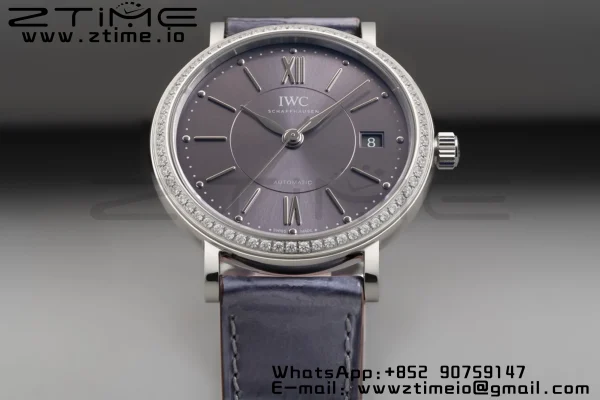 IWC Portofino Automatic 37mm IW458104 SS V7F 1:1 Best Edition Γκρι Dial Διαμάντια Bezel σε γκρι δερμάτινο λουράκι A2892 - Super Clone Watch | 1:1 Best Version