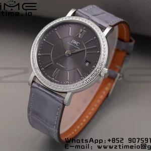 IWC Portofino Automatic 37mm IW458104 SS V7F 1:1 Best Edition Γκρι Dial Διαμάντια Bezel σε γκρι δερμάτινο λουράκι A2892 - Super Clone Watch | 1:1 Best Version