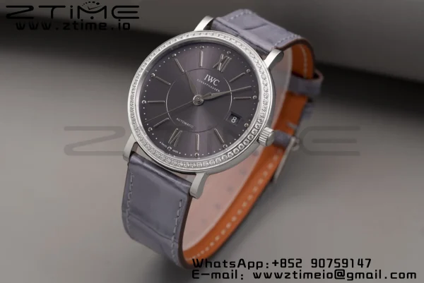 IWC Portofino Automatic 37mm IW458104 SS V7F 1:1 Best Edition Γκρι Dial Διαμάντια Bezel σε γκρι δερμάτινο λουράκι A2892 - Super Clone Watch | 1:1 Best Version