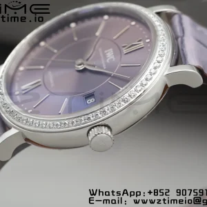 IWC Portofino Automatic 37mm IW458104 SS V7F 1:1 Best Edition Γκρι Dial Διαμάντια Bezel σε γκρι δερμάτινο λουράκι A2892 - Super Clone Watch | 1:1 Best Version
