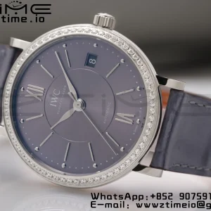 IWC Portofino Automatic 37mm IW458104 SS V7F 1:1 Best Edition Γκρι Dial Διαμάντια Bezel σε γκρι δερμάτινο λουράκι A2892 - Super Clone Watch | 1:1 Best Version