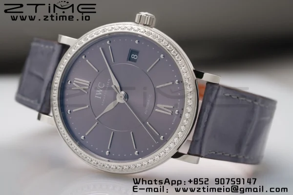 IWC Portofino Automatic 37mm IW458104 SS V7F 1:1 Best Edition Γκρι Dial Διαμάντια Bezel σε γκρι δερμάτινο λουράκι A2892 - Super Clone Watch | 1:1 Best Version