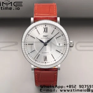 IWC Portofino Automatic 37mm IW458109 SS V7F 1:1 Best Edition White Dial Diamonds Bezel on Red Leather Strap A2892 - Super Clone Watch | 1:1 Best Version