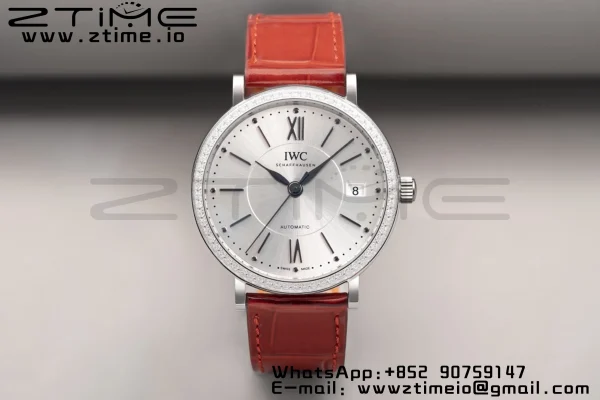 IWC Portofino Automatic 37mm IW458109 SS V7F 1:1 Best Edition White Dial Diamonds Bezel on Red Leather Strap A2892 - Super Clone Watch | 1:1 Best Version