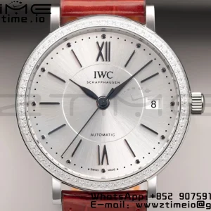 IWC Portofino Automatic 37mm IW458109 SS V7F 1:1 Best Edition White Dial Diamonds Bezel on Red Leather Strap A2892 - Super Clone Watch | 1:1 Best Version