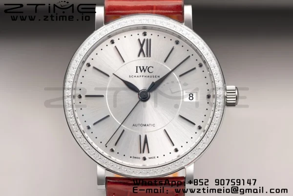 IWC Portofino Automatic 37mm IW458109 SS V7F 1:1 Best Edition White Dial Diamonds Bezel on Red Leather Strap A2892 - Super Clone Watch | 1:1 Best Version