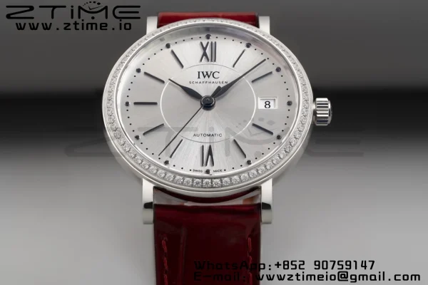 IWC Portofino Automatic 37mm IW458109 SS V7F 1:1 Best Edition White Dial Diamonds Bezel on Red Leather Strap A2892 - Super Clone Watch | 1:1 Best Version