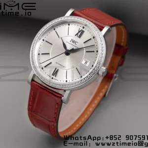 IWC Portofino Automatic 37mm IW458109 SS V7F 1:1 Best Edition White Dial Diamonds Bezel on Red Leather Strap A2892 - Super Clone Watch | 1:1 Best Version