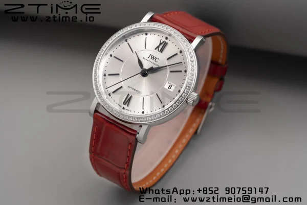 IWC Portofino Automatic 37mm IW458109 SS V7F 1:1 Best Edition White Dial Diamonds Bezel on Red Leather Strap A2892 - Super Clone Watch | 1:1 Best Version
