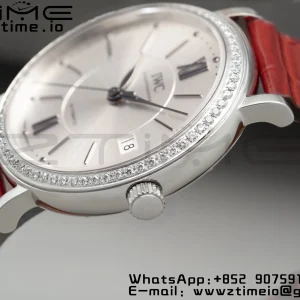 IWC Portofino Automatic 37mm IW458109 SS V7F 1:1 Best Edition White Dial Diamonds Bezel on Red Leather Strap A2892 - Super Clone Watch | 1:1 Best Version