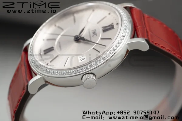 IWC Portofino Automatic 37mm IW458109 SS V7F 1:1 Best Edition White Dial Diamonds Bezel on Red Leather Strap A2892 - Super Clone Watch | 1:1 Best Version
