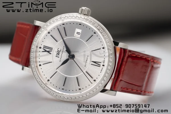 IWC Portofino Automatic 37mm IW458109 SS V7F 1:1 Best Edition White Dial Diamonds Bezel on Red Leather Strap A2892 - Super Clone Watch | 1:1 Best Version
